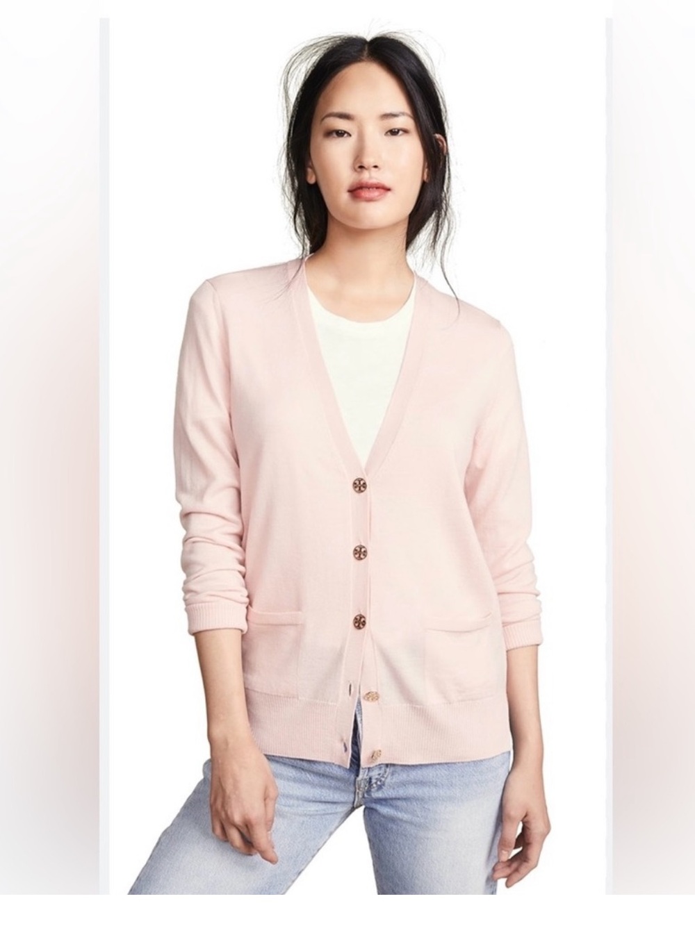 Tory Burch Simone Blush Pink V-Neck Button Cardigan 100% merino wool - size XS